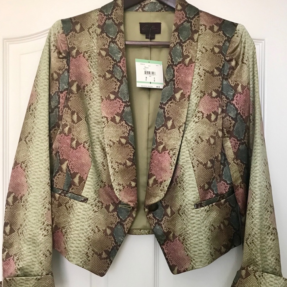 ANNE KLEIN olive green snake print tuxedo jacket